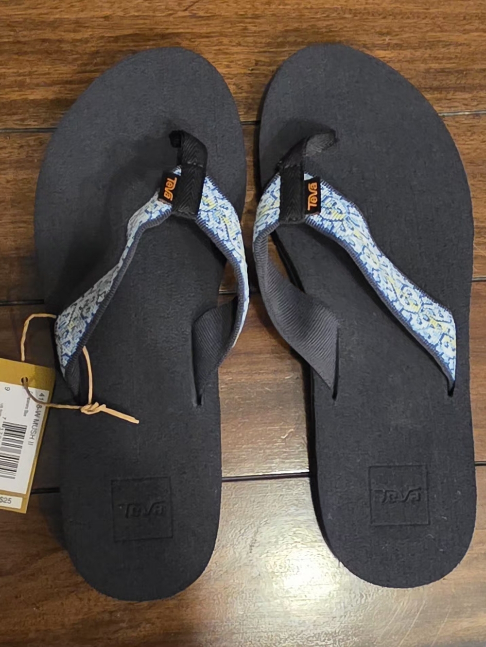 Teva Women's Black Flip Flop Sandals with Blue Patterned Straps